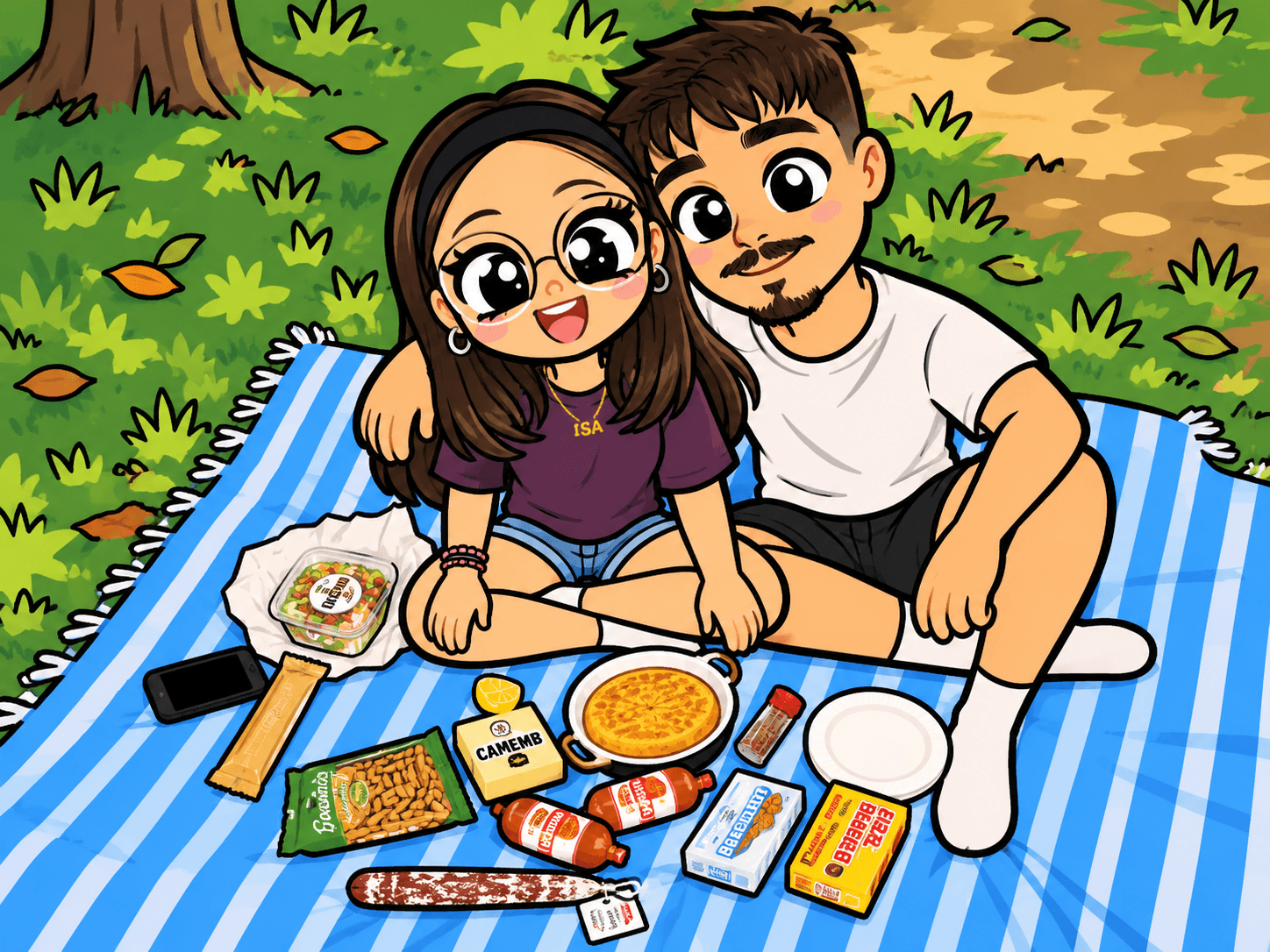 Ilustración de una pareja sonriente compartiendo comida
